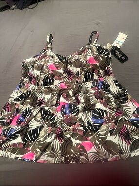 Island Escape Tropical Print Ruffle Camisole in Pink, Brown & White